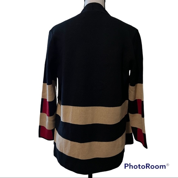 KASPER small womens knit cardigan black red tan 3/4 sleeve multicolor block NWT - Picture 2 of 11